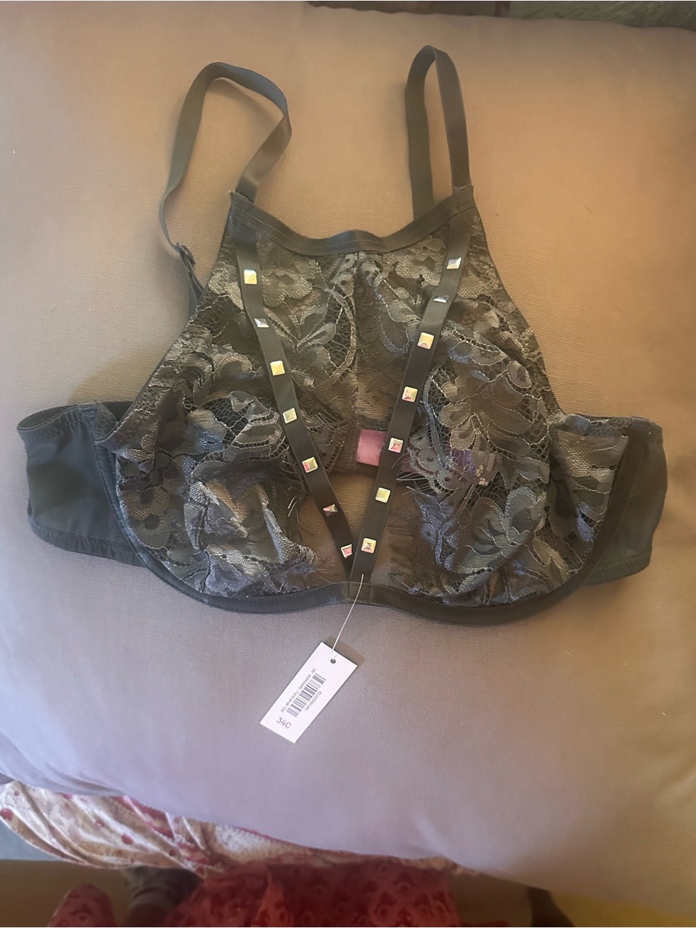 Adore Me Charcoal Gray Floral Lace High-Neck Bralette with Stud Accents